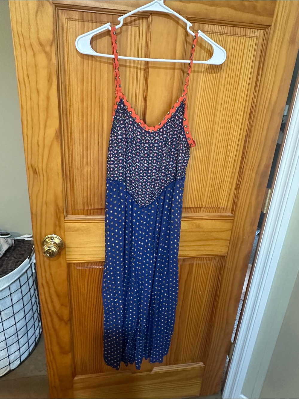 Navy and Coral Printed Spaghetti Strap Maxi Dress